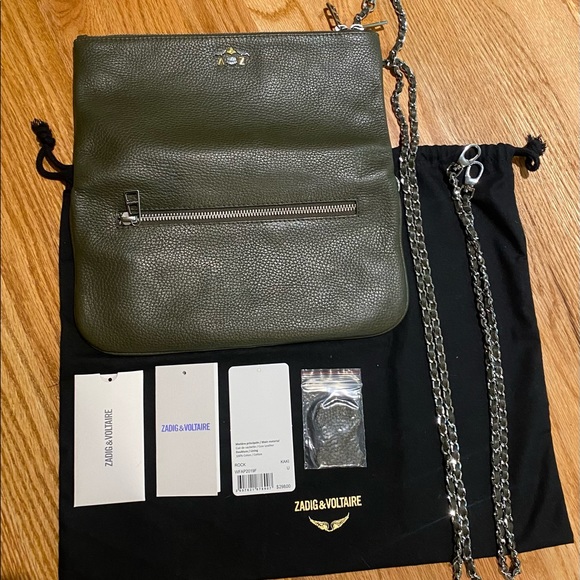 NWT Zadig & Voltaire Rock Leather Shoulder Bag in Kaki Green - Picture 6 of 10